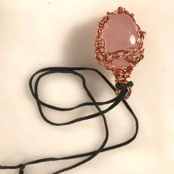 Rose Quartz Gemstone Solid Copper Pendant Unisex Genuine Leather Necklace Reiki